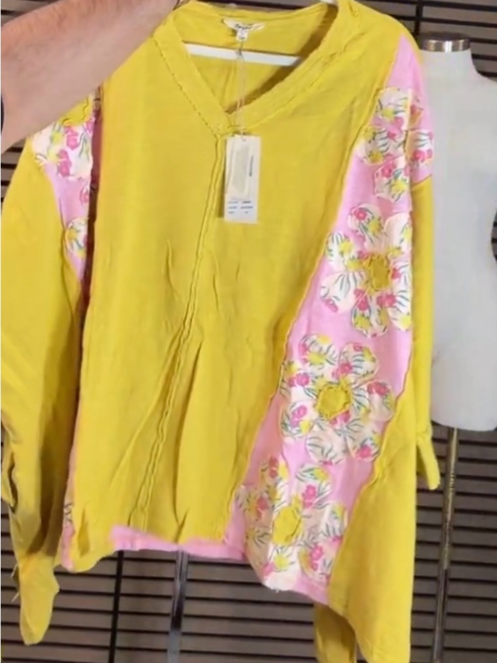 Yellow V-neck Pullover with Pink Floral Panels